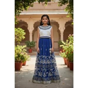 Girls Blue Silver Embroidered Indian Dress BNWT Size 8 10